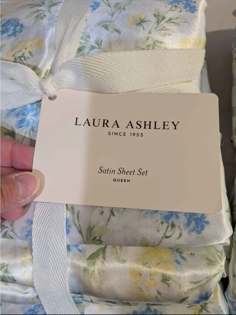 Laura Ashley Satin Sheet Set Paris Fleur Blue Silky Floral - Queen